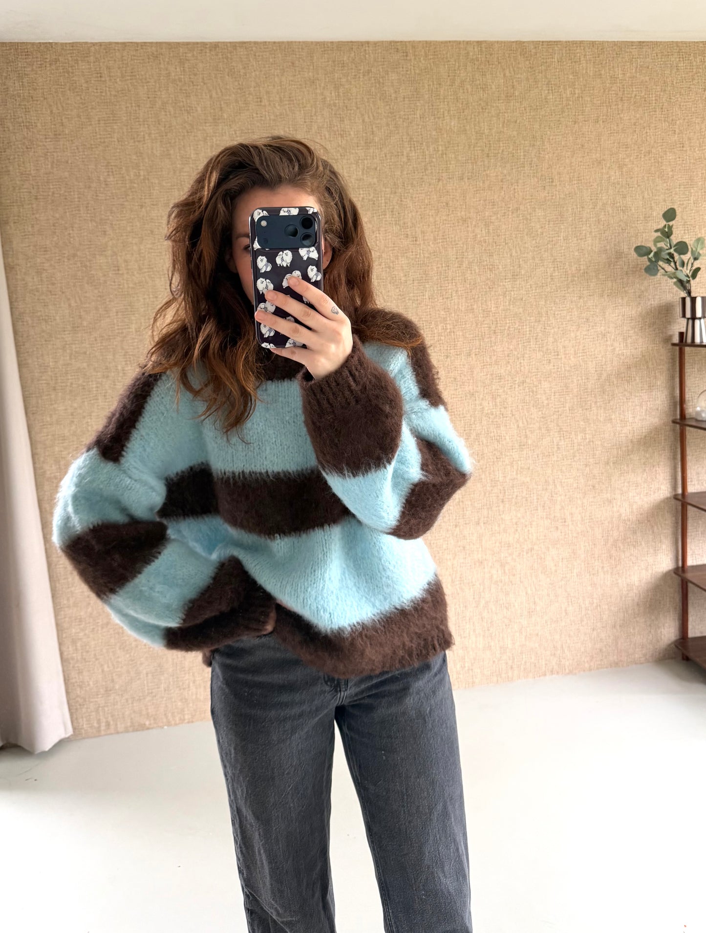 Fluffy trui bruin blauw