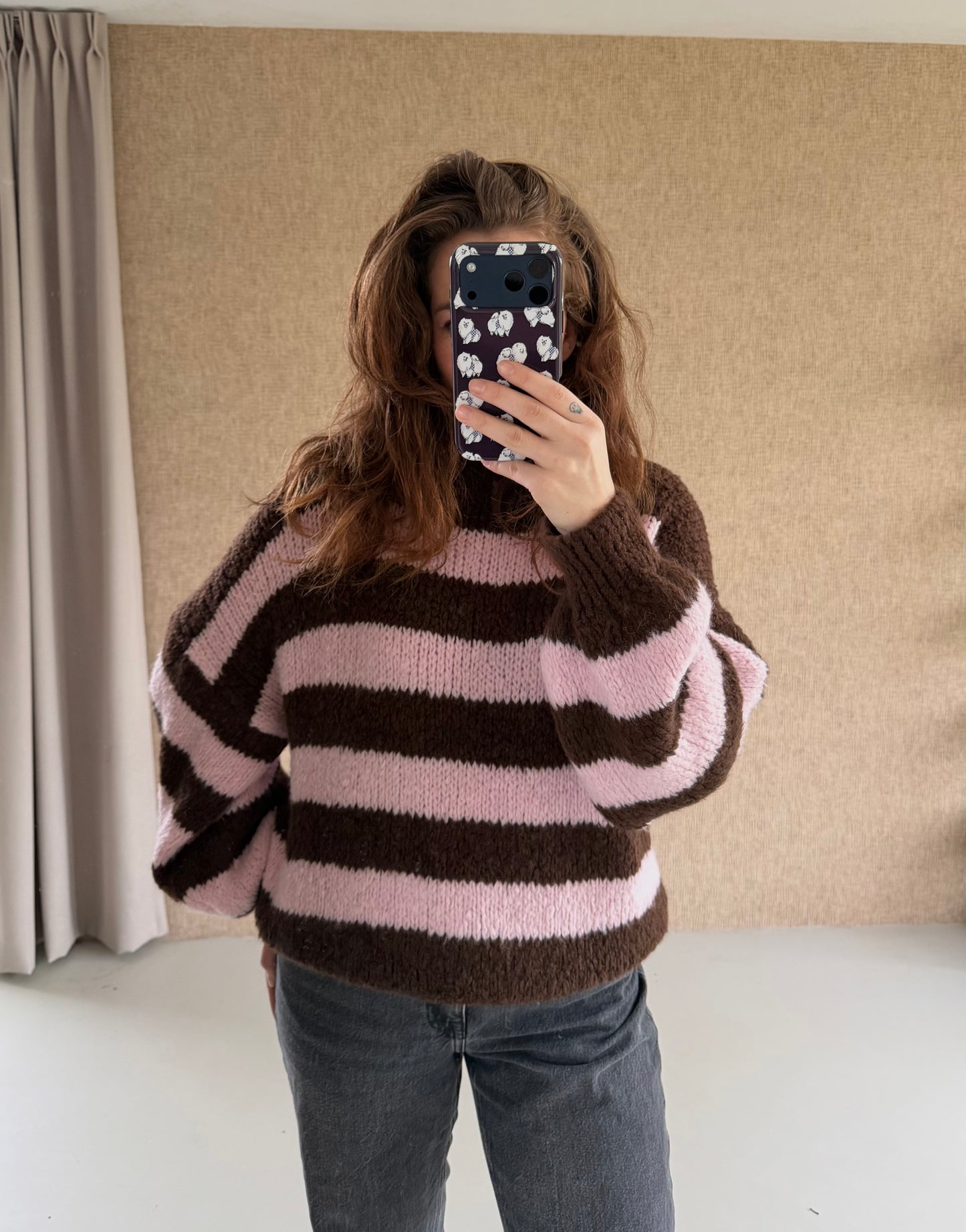 Trui met strepen bruin roze