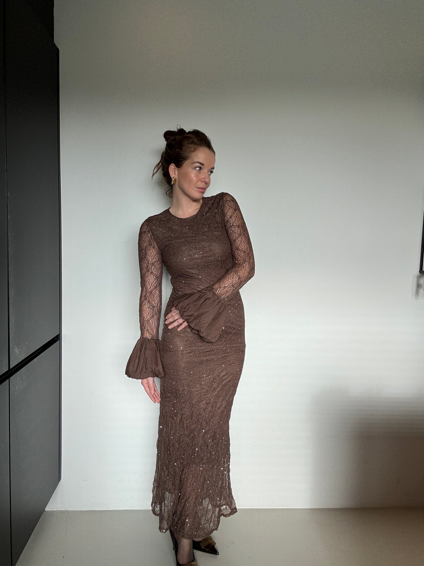 Jurk lace met stras - Bruin