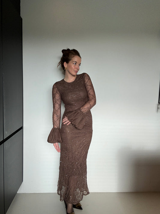 Jurk lace met stras - Bruin